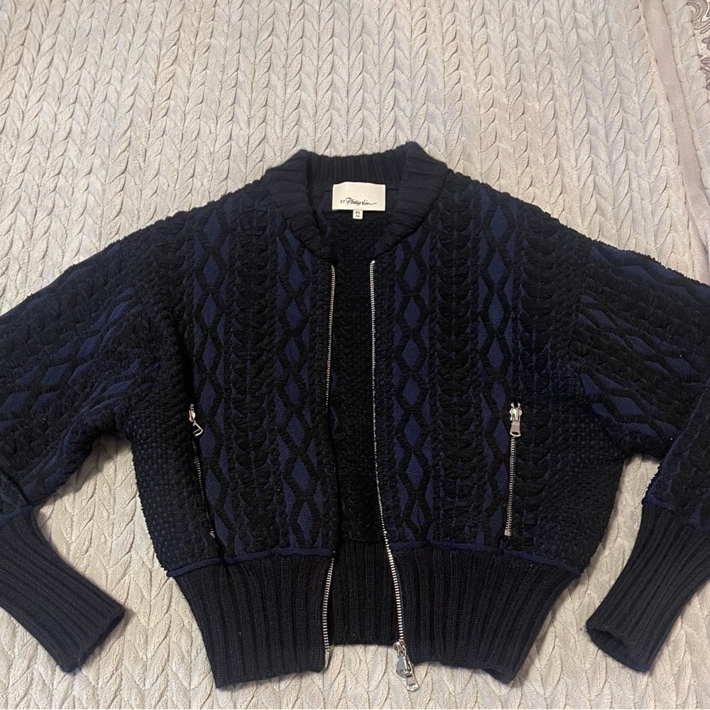 3.1 Phillip Lim Black and Navy Textured Bomber Jacket - Picture 11 of 14